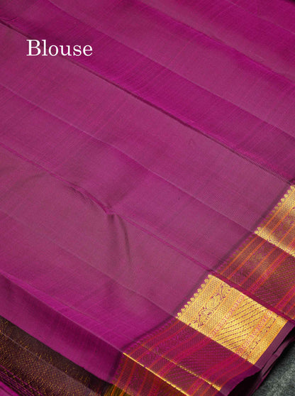 Korvai Beautiful Mango Yellow Pure Kanjivaram Silk Saree With Contrast Dark Purple Traditional Border