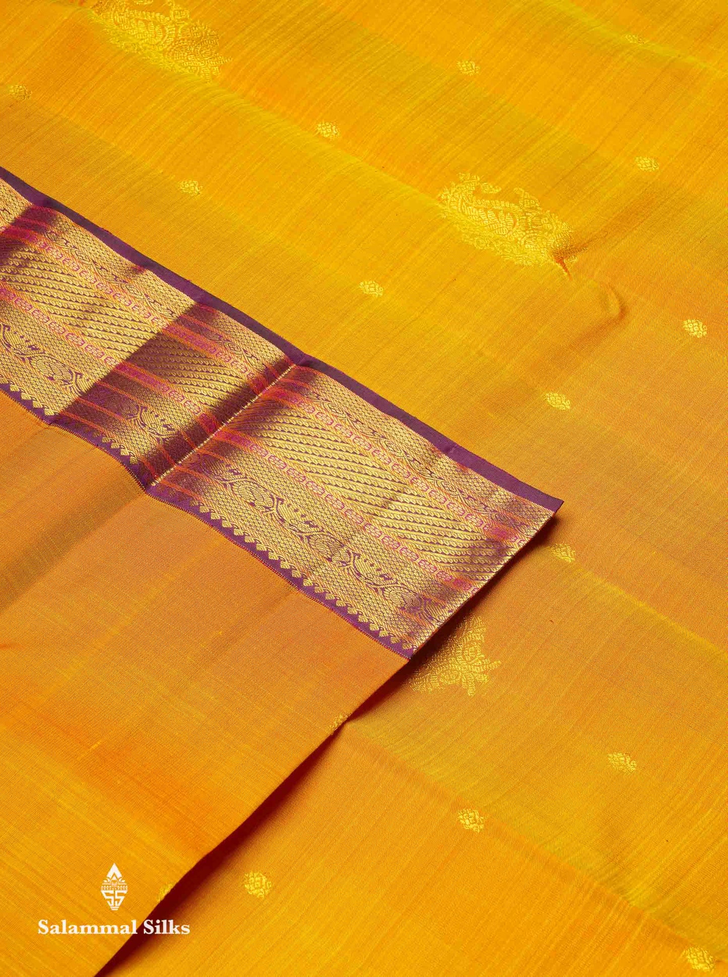 Korvai Beautiful Mango Yellow Pure Kanjivaram Silk Saree With Contrast Dark Purple Traditional Border