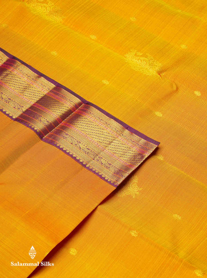 Korvai Beautiful Mango Yellow Pure Kanjivaram Silk Saree With Contrast Dark Purple Traditional Border