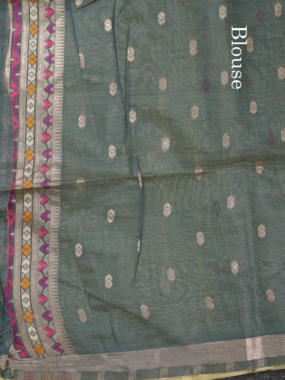 Beautiful Light Green Thread Work Butta Muga Cotton Saree With Contrast Grey Blouse
