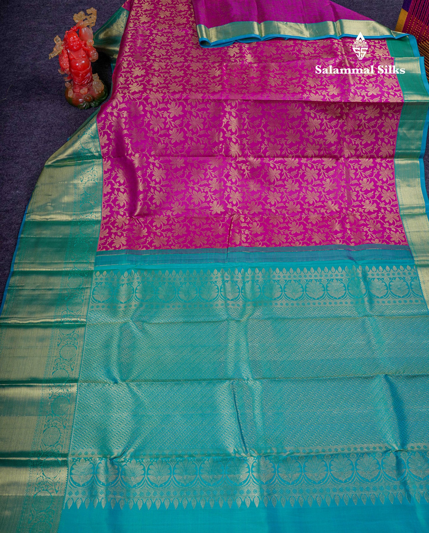 Beautiful Magenta Pink Bridal Pure Kanjivaram Silk Saree With Contrast Sapphire Blue Traditional Evening Morning Border