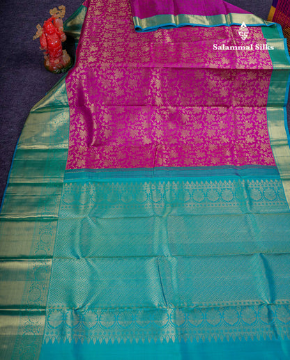 Beautiful Magenta Pink Bridal Pure Kanjivaram Silk Saree With Contrast Sapphire Blue Traditional Evening Morning Border