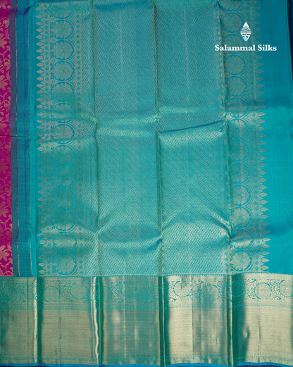 Beautiful Magenta Pink Bridal Pure Kanjivaram Silk Saree With Contrast Sapphire Blue Traditional Evening Morning Border