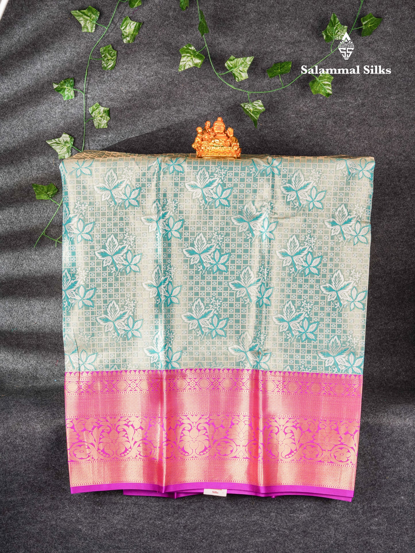 Semi Silk Pattu Pavadai ( Light Green Tissue ) With Violet Blouse  44"