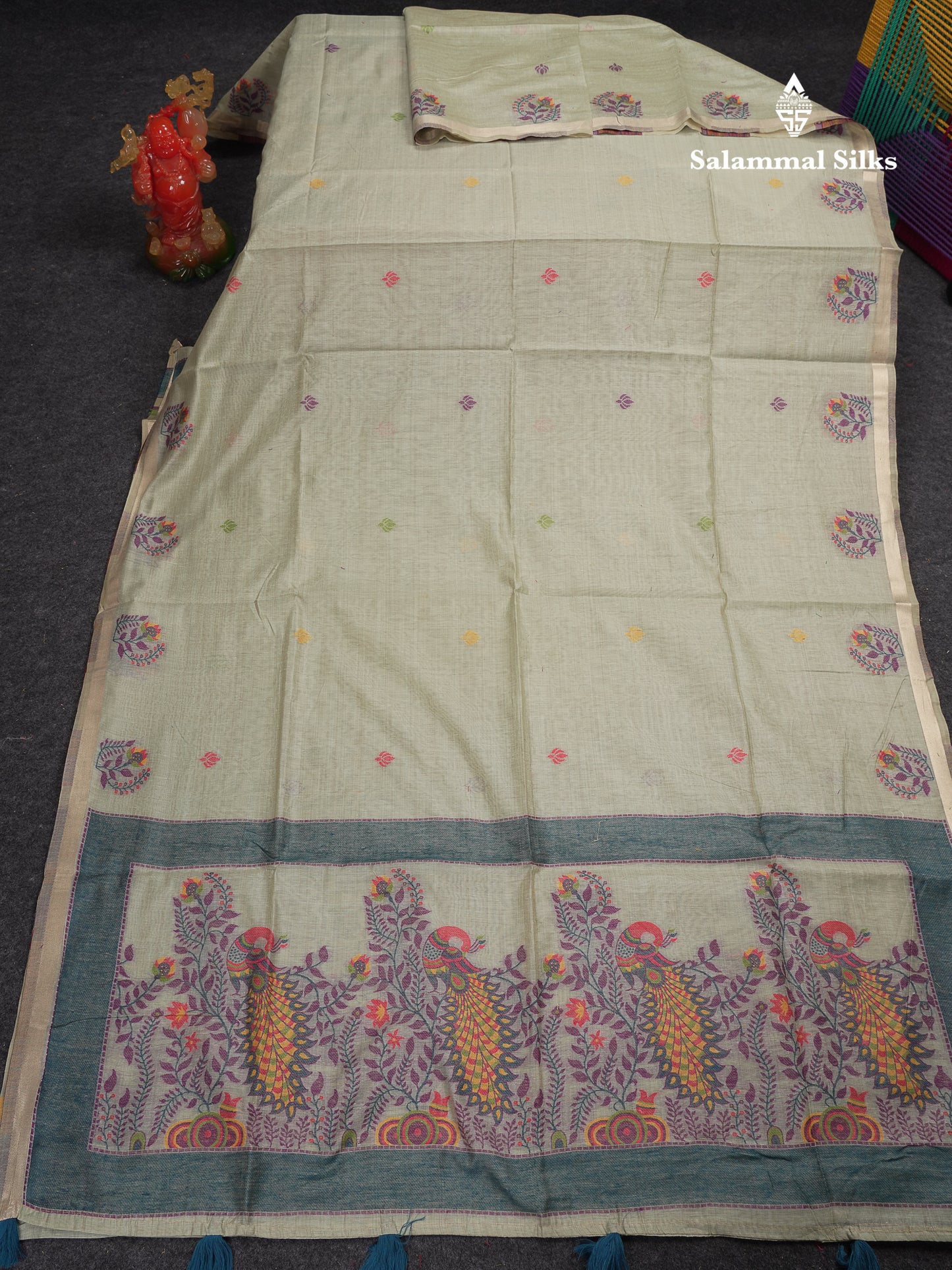 Beautiful Dark Peach Menakari Work Butta Muga Cotton Saree With Blouse