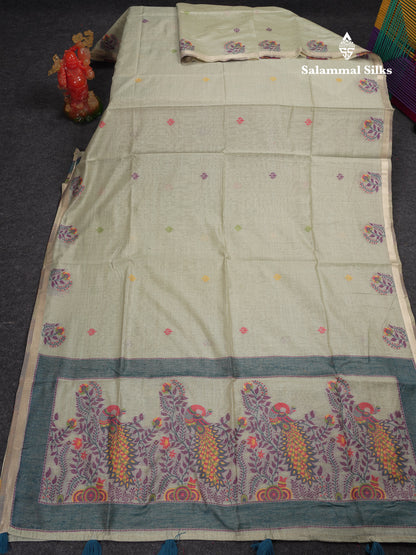 Beautiful Dark Peach Menakari Work Butta Muga Cotton Saree With Blouse