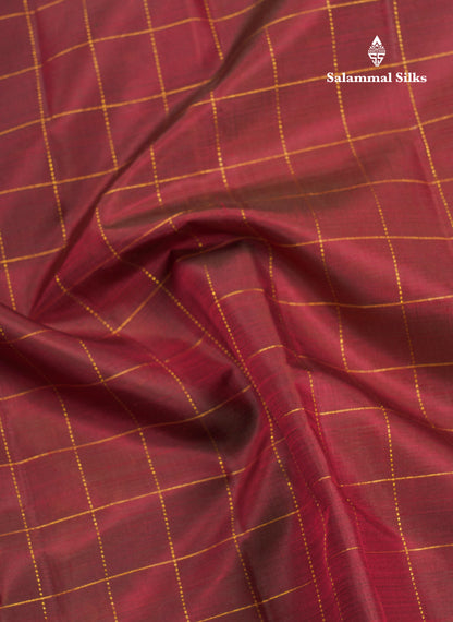 Dual Tone Maroon Checks Pure Kanjivaram Silk Saree With Contrast Pink Gap Border