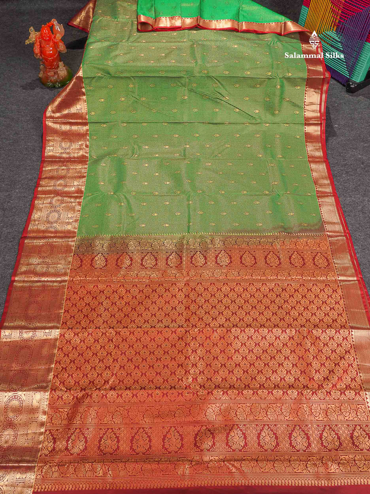 Semi Silk Saree - Green Colour Body Small Checks With Butta & Contrast Maroon Border