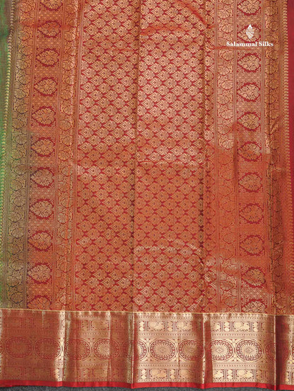 Semi Silk Saree - Green Colour Body Small Checks With Butta & Contrast Maroon Border