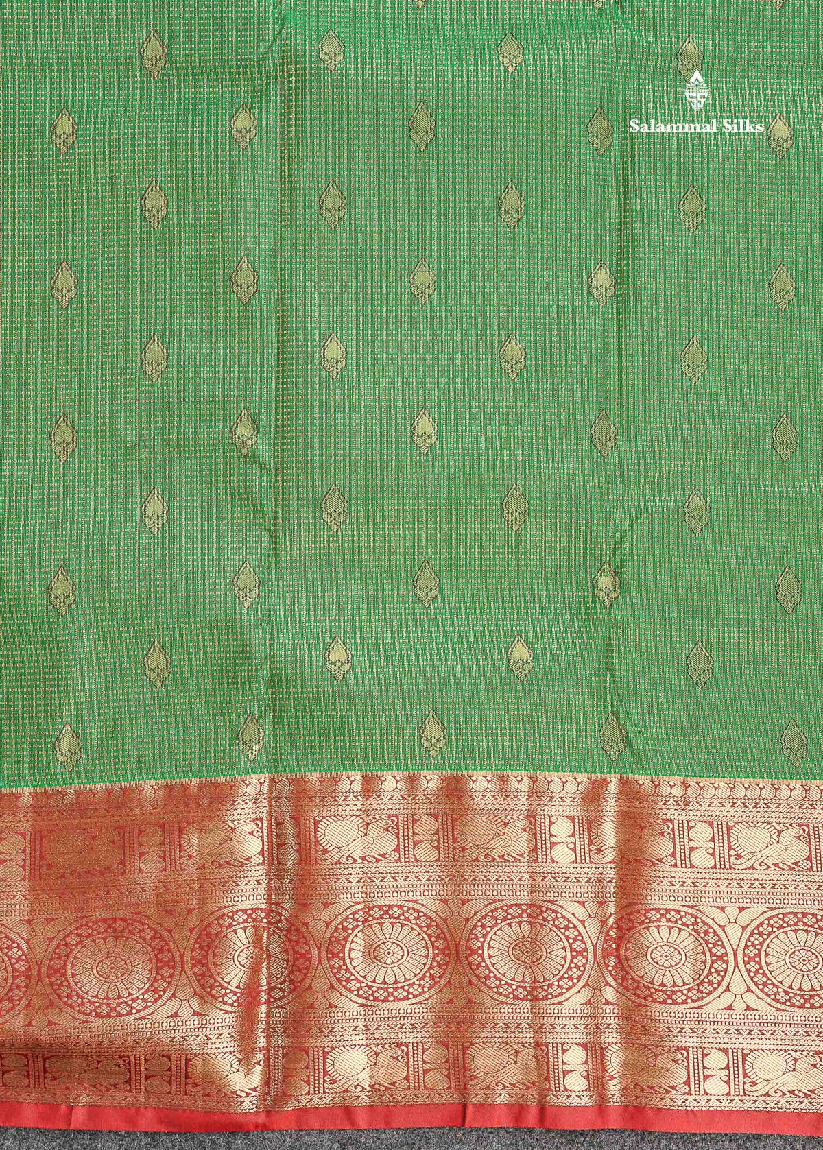 Semi Silk Saree - Green Colour Body Small Checks With Butta & Contrast Maroon Border