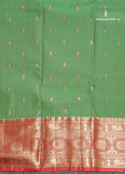 Semi Silk Saree - Green Colour Body Small Checks With Butta & Contrast Maroon Border