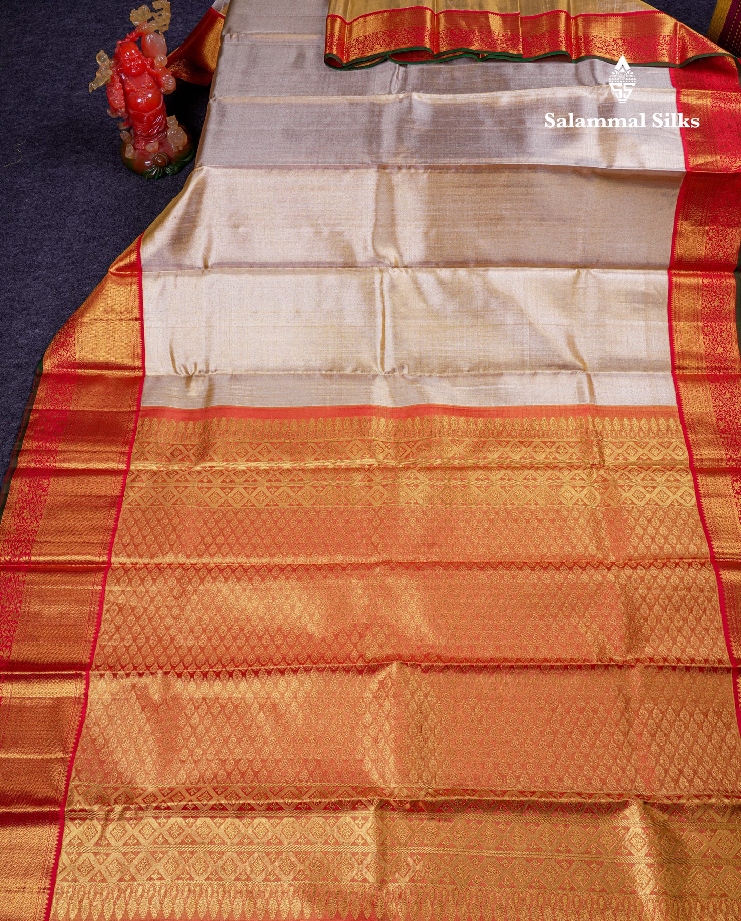 Beautiful Gold Plain Tissue Bridal Pure Kanjivaram Silk Saree With Contrast Chilly Red Traditional Evening Morning Border