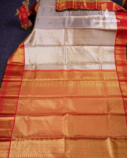 Beautiful Gold Plain Tissue Bridal Pure Kanjivaram Silk Saree With Contrast Chilly Red Traditional Evening Morning Border