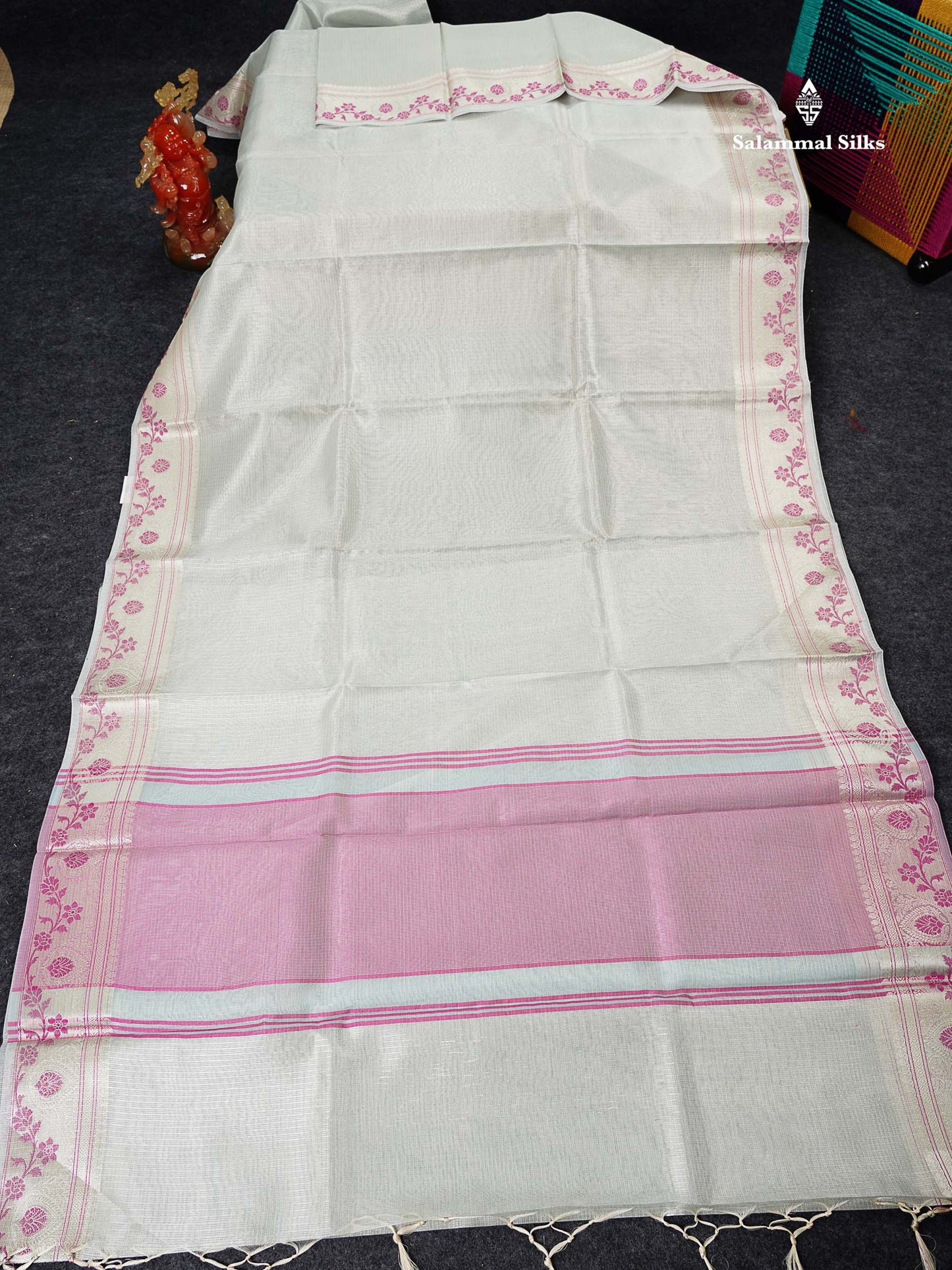 Tissue Saree -Cream Green Netted Along With Fancy Border