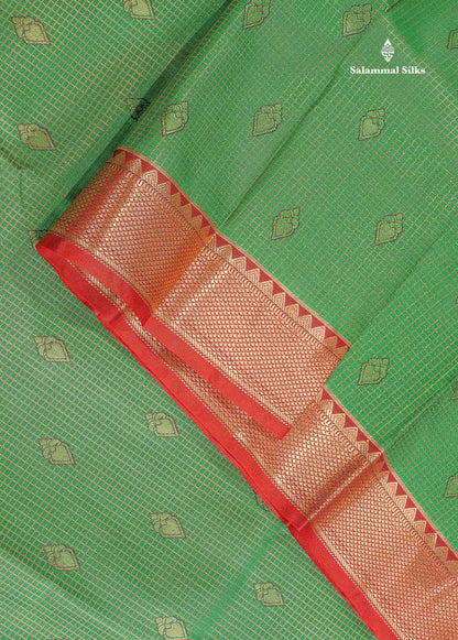 Semi Silk Saree - Green Colour Body Small Checks With Butta & Contrast Maroon Border
