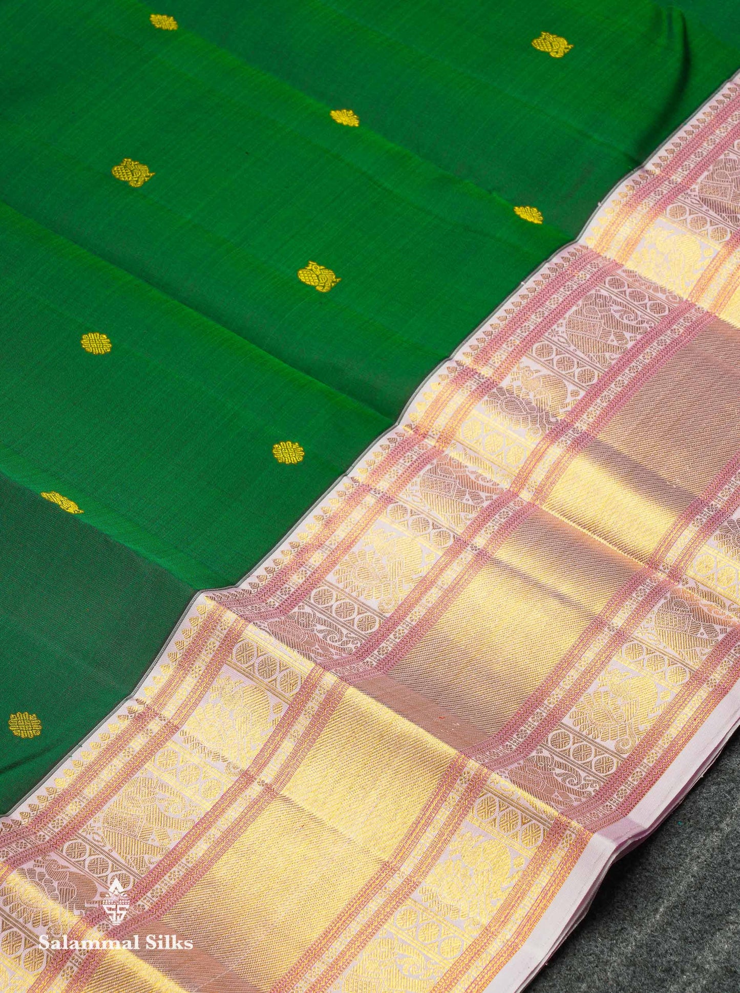 Korvai Beautiful Bottle Green Pure Kanjivaram Silk Saree With Contrast Baby Pink Traditional Evening Morning Border