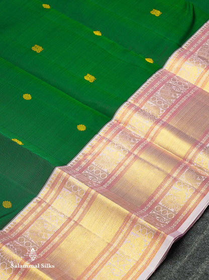 Korvai Beautiful Bottle Green Pure Kanjivaram Silk Saree With Contrast Baby Pink Traditional Evening Morning Border