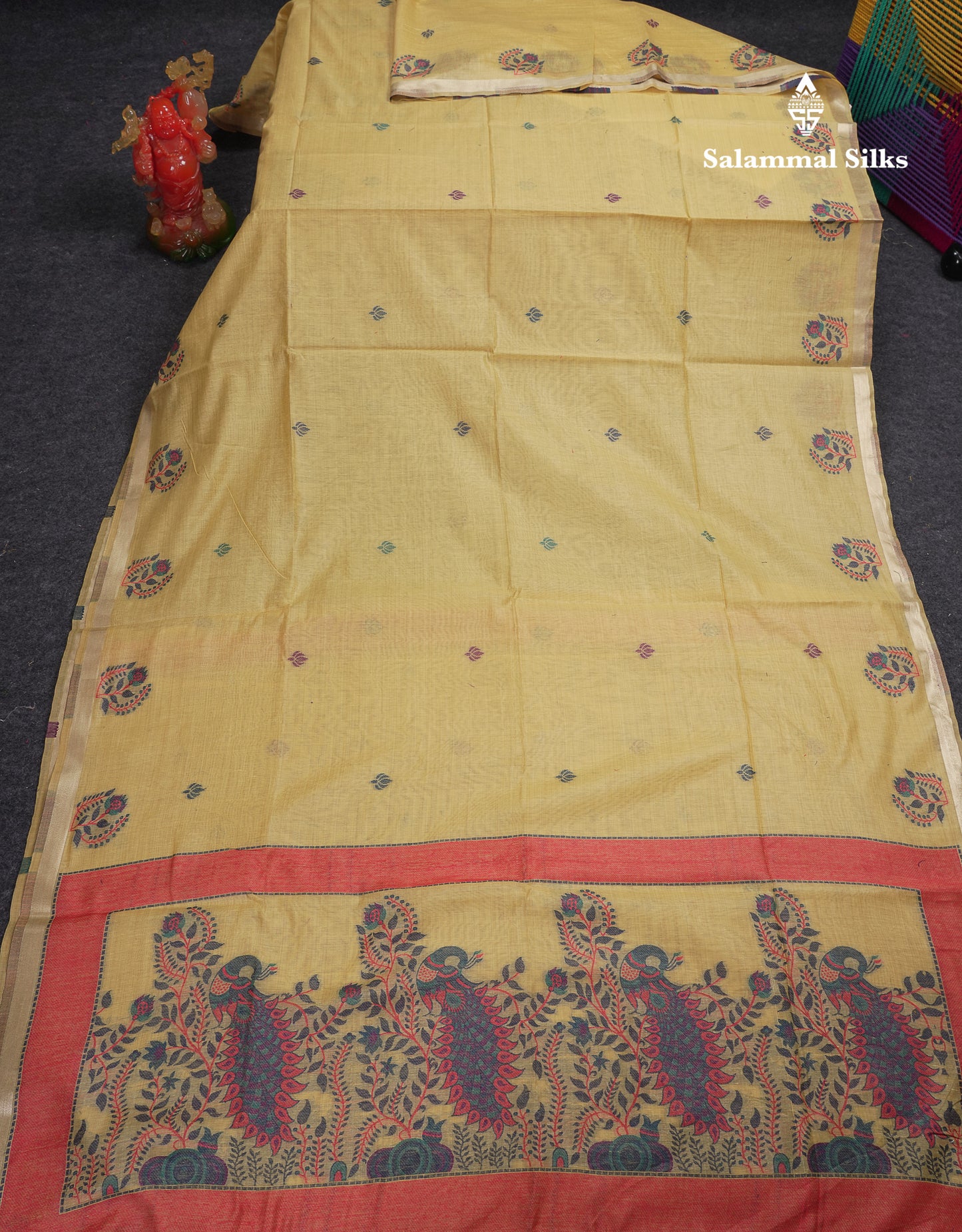 Beautiful Dark Peach Menakari Work Butta Muga Cotton Saree With Blouse