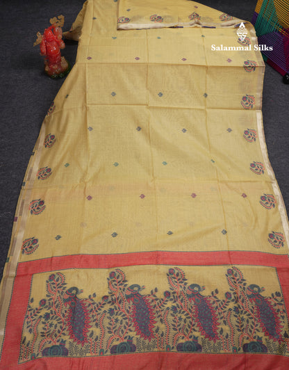 Beautiful Dark Peach Menakari Work Butta Muga Cotton Saree With Blouse