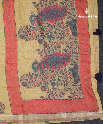 Beautiful Dark Peach Menakari Work Butta Muga Cotton Saree With Blouse