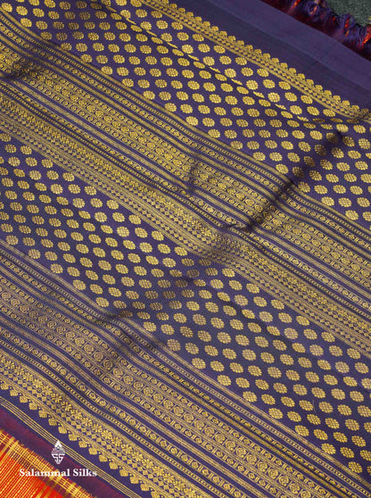 Korvai Beautiful Chilly Red Pure Kanjivaram Silk Saree With Contrast Navy Blue Traditional Border