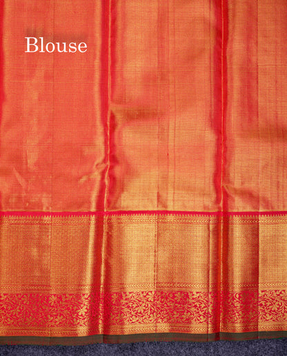 Beautiful Gold Plain Tissue Bridal Pure Kanjivaram Silk Saree With Contrast Chilly Red Traditional Evening Morning Border