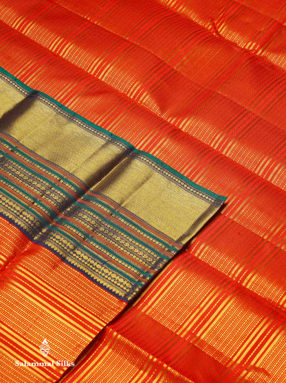 Korvai Beautiful Chilly Red Pure Kanjivaram Silk Saree With Contrast Navy Blue Traditional Border