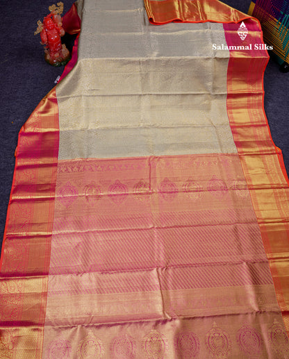 Beautiful Light Elaichi Green Tissue Bridal Pure Kanjivaram Silk Saree With Contrast Orange Traditional Border