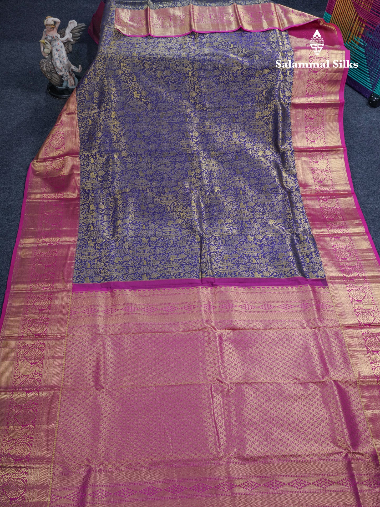 Navy Blue Vanasingaram Grand Bridal Pure Kanjivaram Silk Saree With Magenta Pink Border