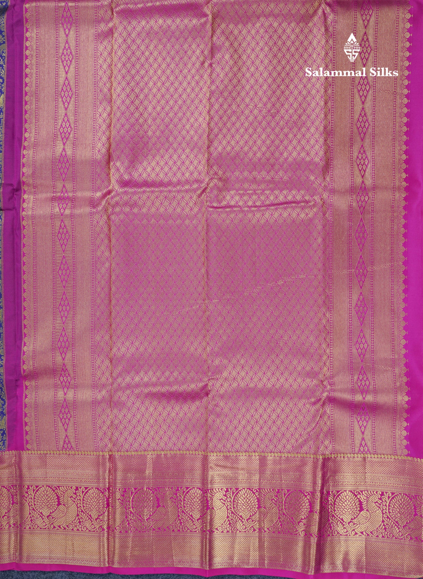 Navy Blue Vanasingaram Grand Bridal Pure Kanjivaram Silk Saree With Magenta Pink Border