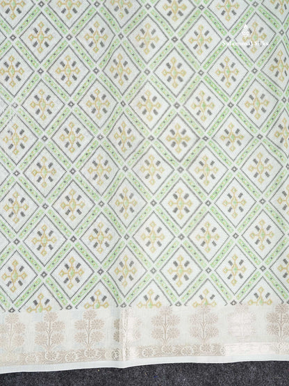 Cotton Mix Saree -  Light Pista Green Priented Design Along With Fancy Border