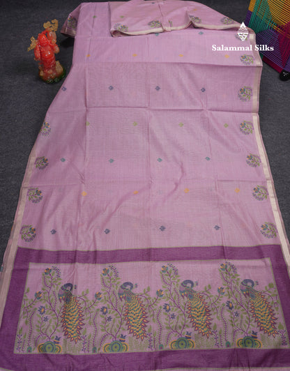 Beautiful Dark Peach Menakari Work Butta Muga Cotton Saree With Blouse