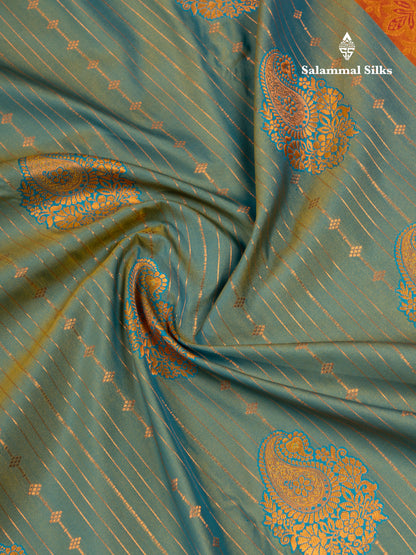 Dual Tone Light Green Semi Silk Saree With Contrast Dark Brown Blouse