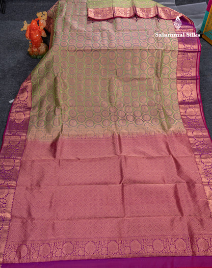 Light Green Puremix Silk Saree With Contrast Magenta Traditional Border