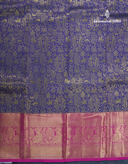 Navy Blue Vanasingaram Grand Bridal Pure Kanjivaram Silk Saree With Magenta Pink Border
