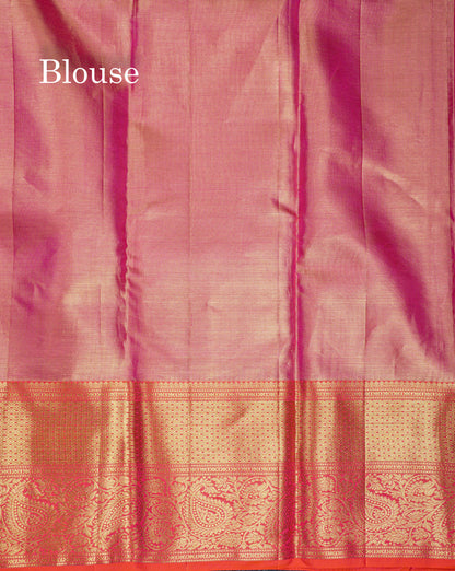 Beautiful Light Elaichi Green Tissue Bridal Pure Kanjivaram Silk Saree With Contrast Orange Traditional Border