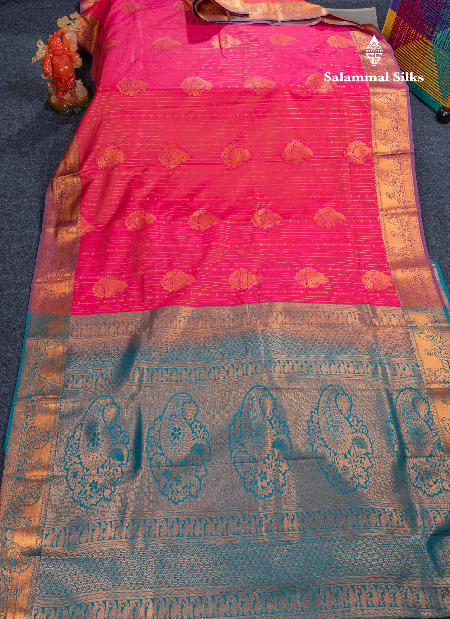 Dual Tone Pink Semi Silk Saree With Contrast Blue Blouse