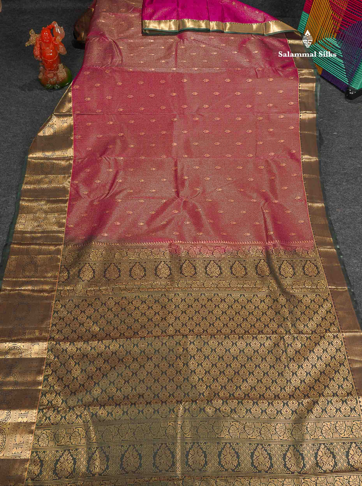Semi Silk Saree - Magenta  Colour Body Small Checks With Butta & Contrast Bottle Green Border