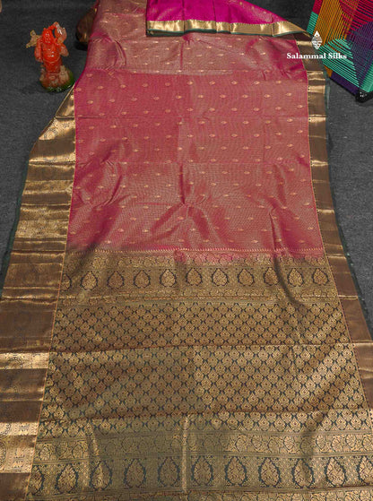Semi Silk Saree - Magenta  Colour Body Small Checks With Butta & Contrast Bottle Green Border