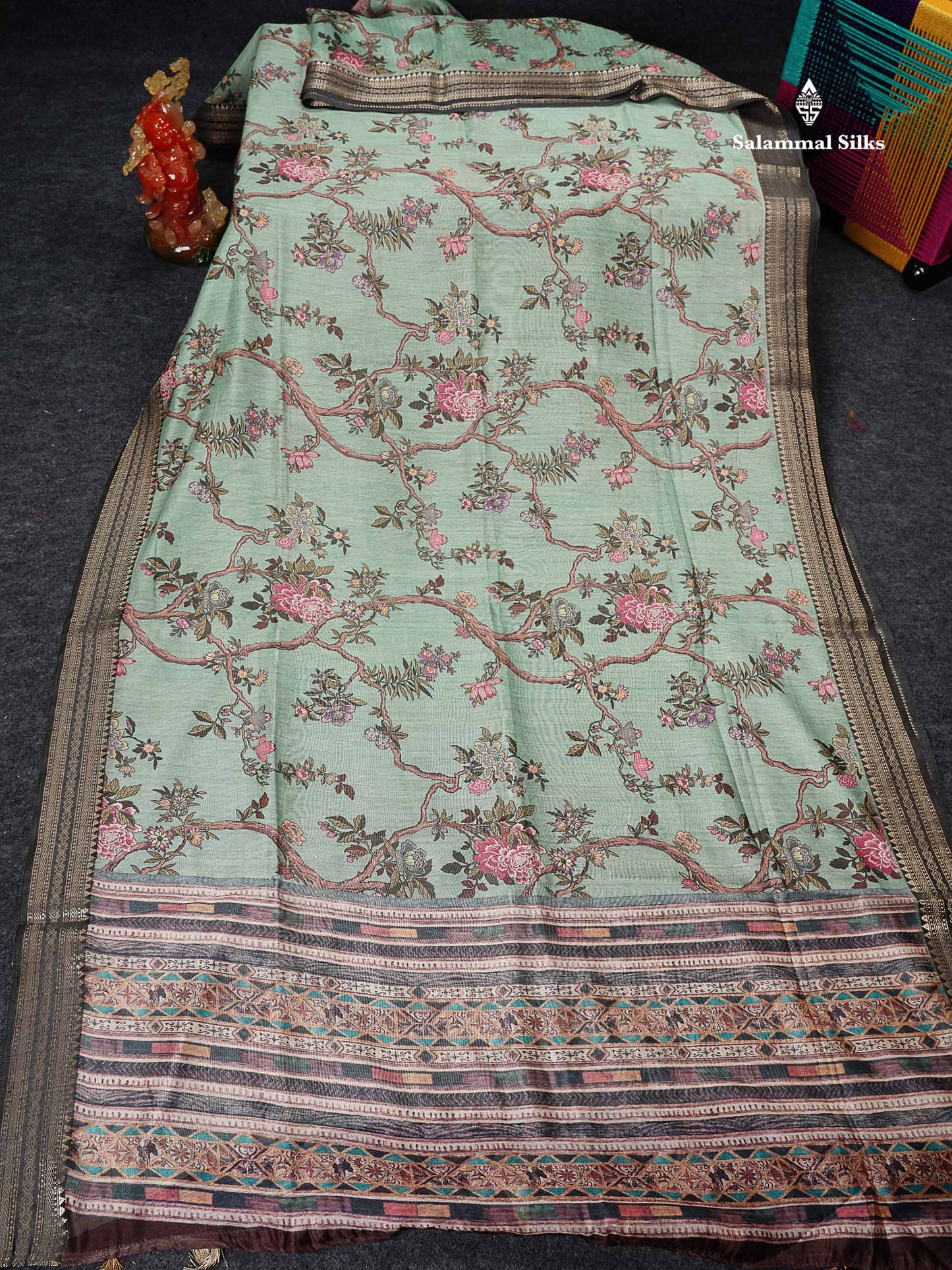 Chanderi Mixed Cotton - Elaichi Green Floral Design With Fancy Border