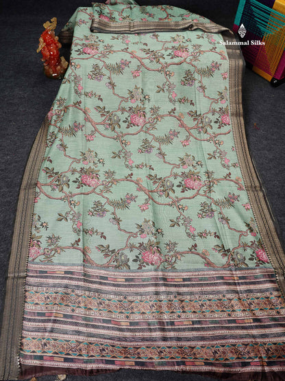 Chanderi Mixed Cotton - Elaichi Green Floral Design With Fancy Border