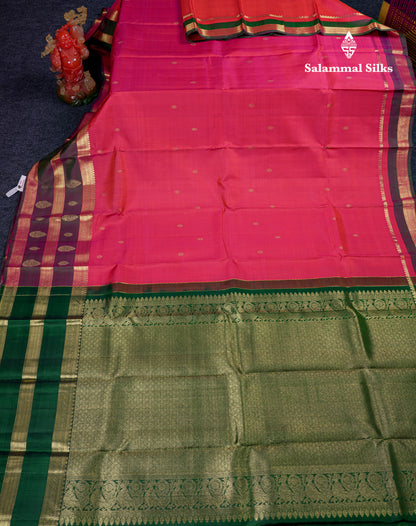 Beautiful Dual Tone Pink Pure Kanjivaram Silk Saree With Contrast Bottle Green Traditional Evening Morning Border