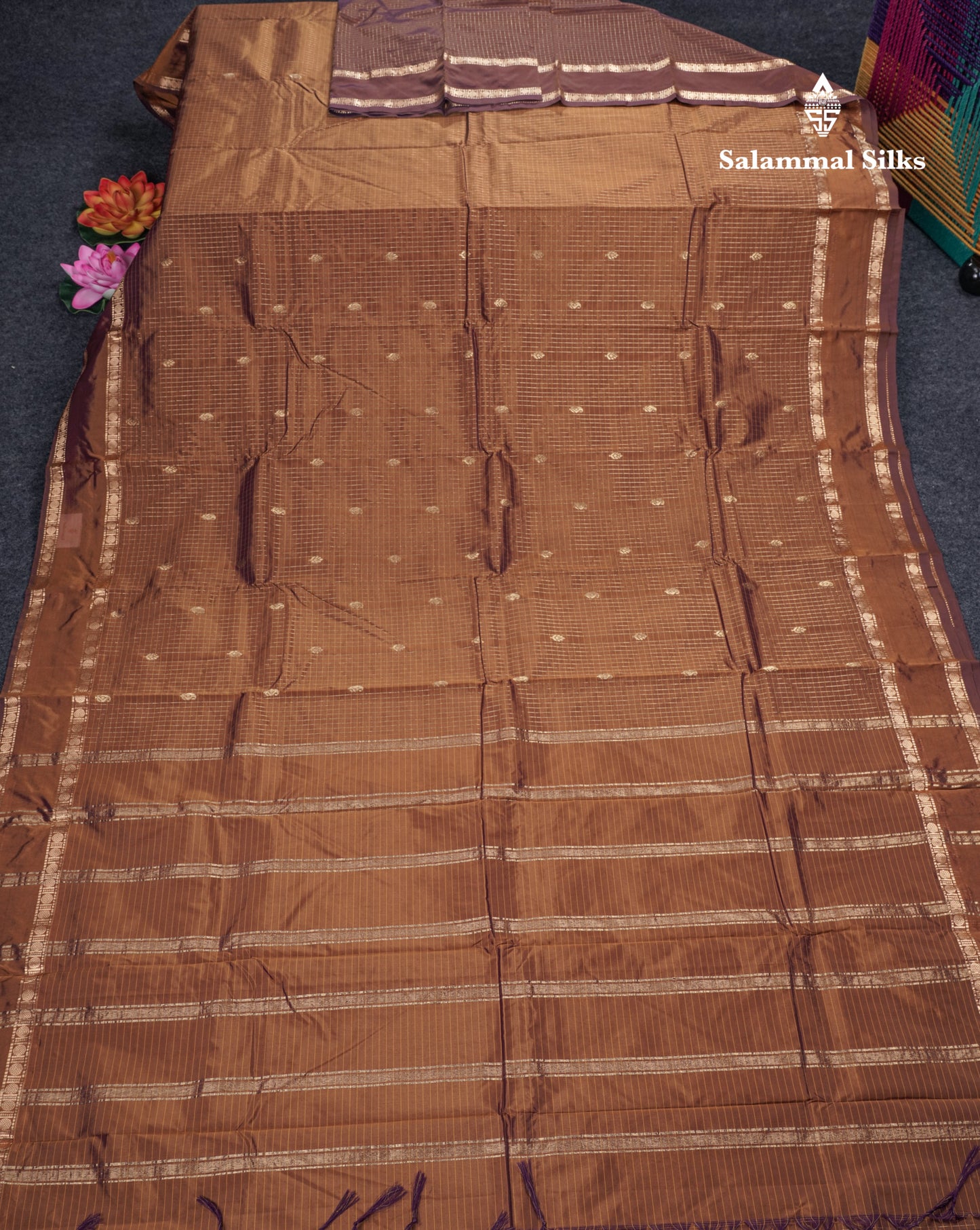 Light Weight Semi Silk Saree - Brown Checks With Butta With Traditional Rettapet Border