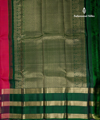 Beautiful Dual Tone Pink Pure Kanjivaram Silk Saree With Contrast Bottle Green Traditional Evening Morning Border