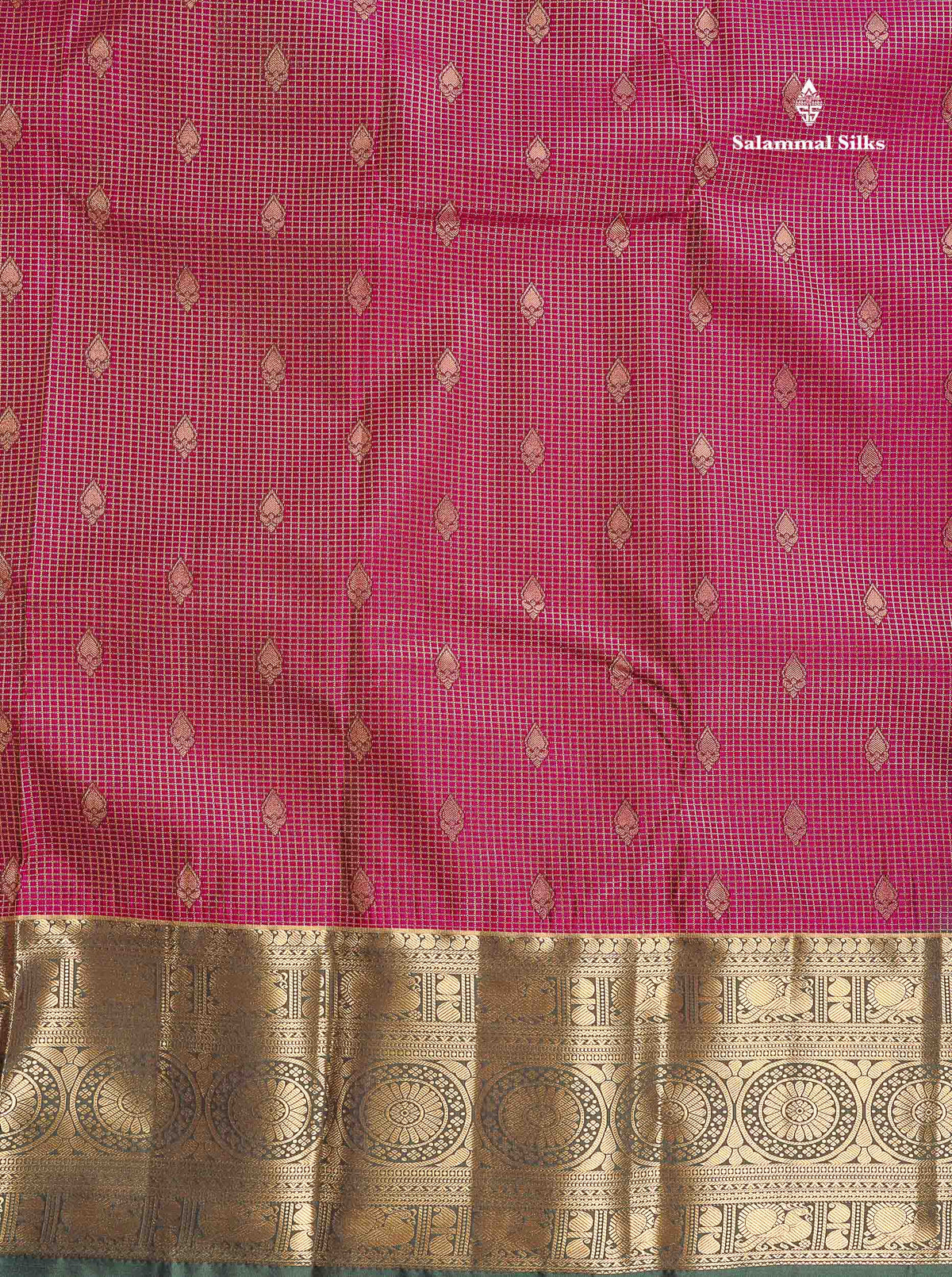 Semi Silk Saree - Green Colour Body Small Checks With Butta & Contrast Maroon Border