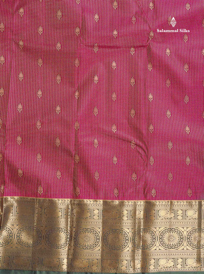 Semi Silk Saree - Green Colour Body Small Checks With Butta & Contrast Maroon Border