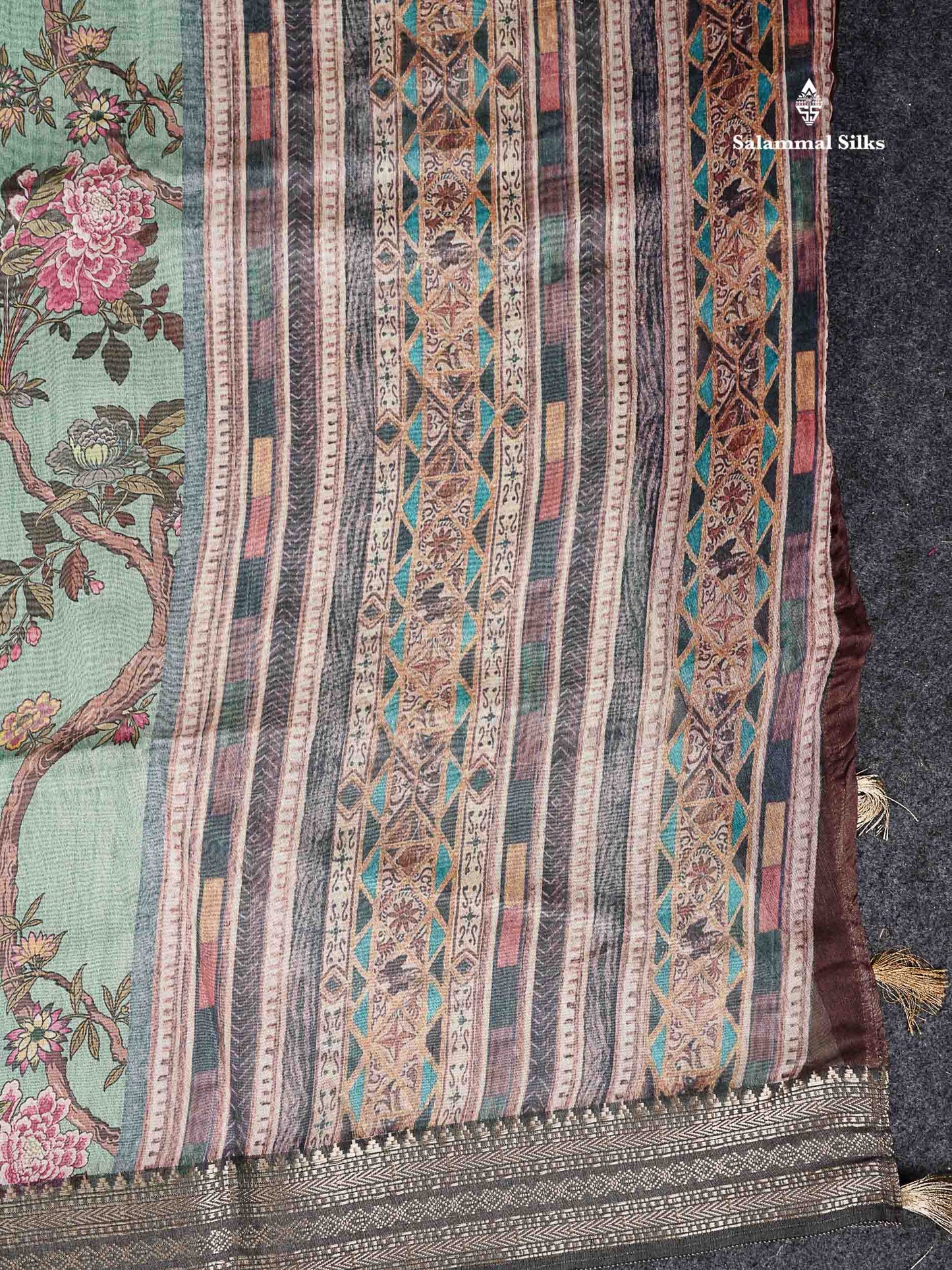 Chanderi Mixed Cotton - Elaichi Green Floral Design With Fancy Border