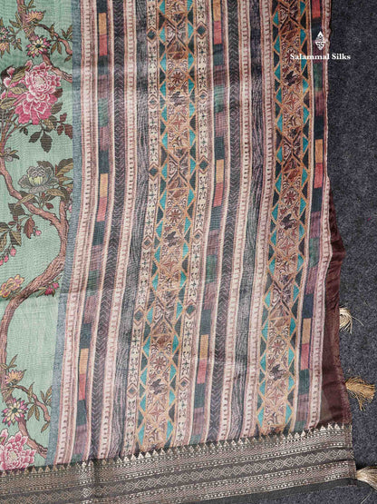 Chanderi Mixed Cotton - Elaichi Green Floral Design With Fancy Border