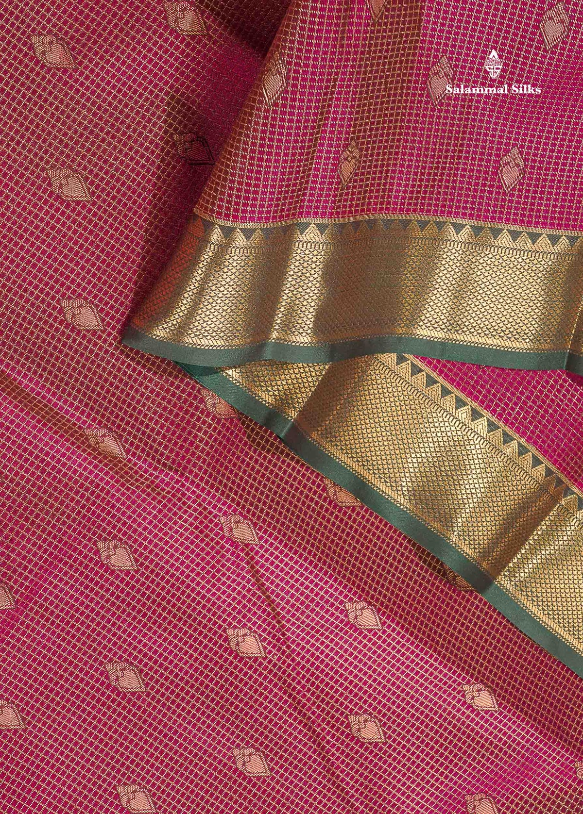 Semi Silk Saree - Green Colour Body Small Checks With Butta & Contrast Maroon Border