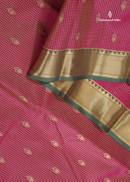Semi Silk Saree - Green Colour Body Small Checks With Butta & Contrast Maroon Border